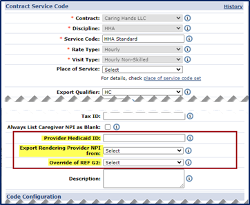 Contract Service Code Window – NPI Export Fields